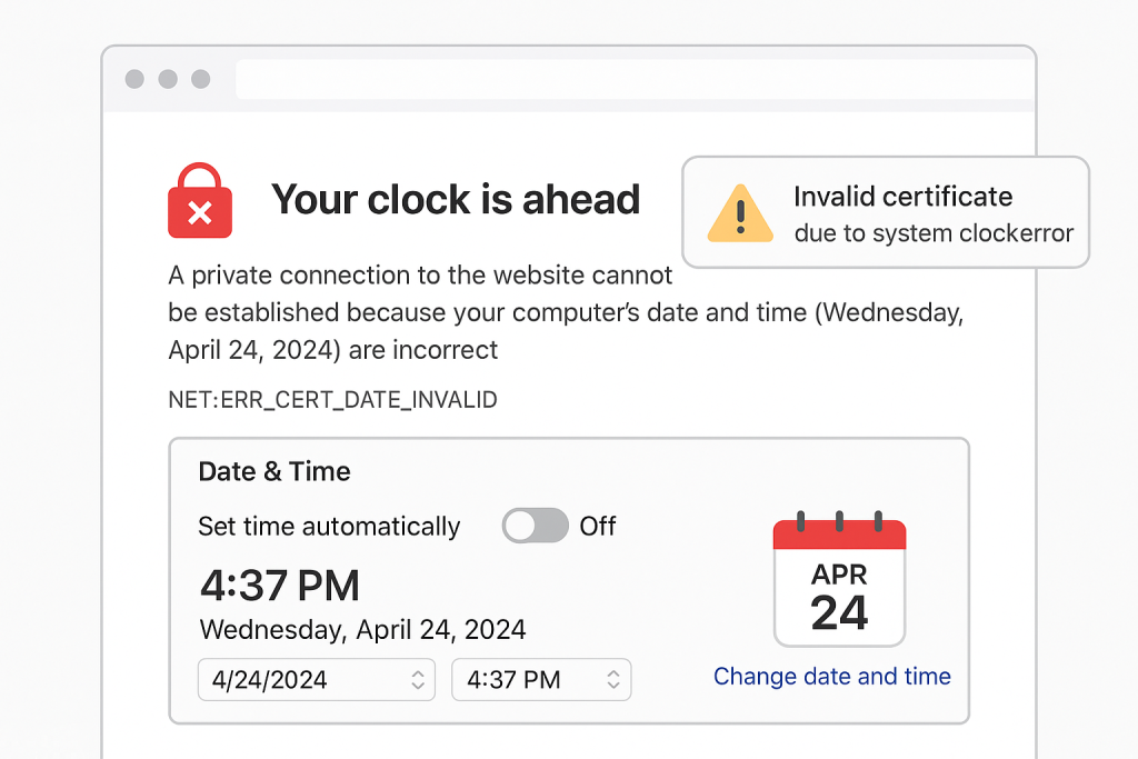 Incorrect system clock causing SSL protocol error in browser