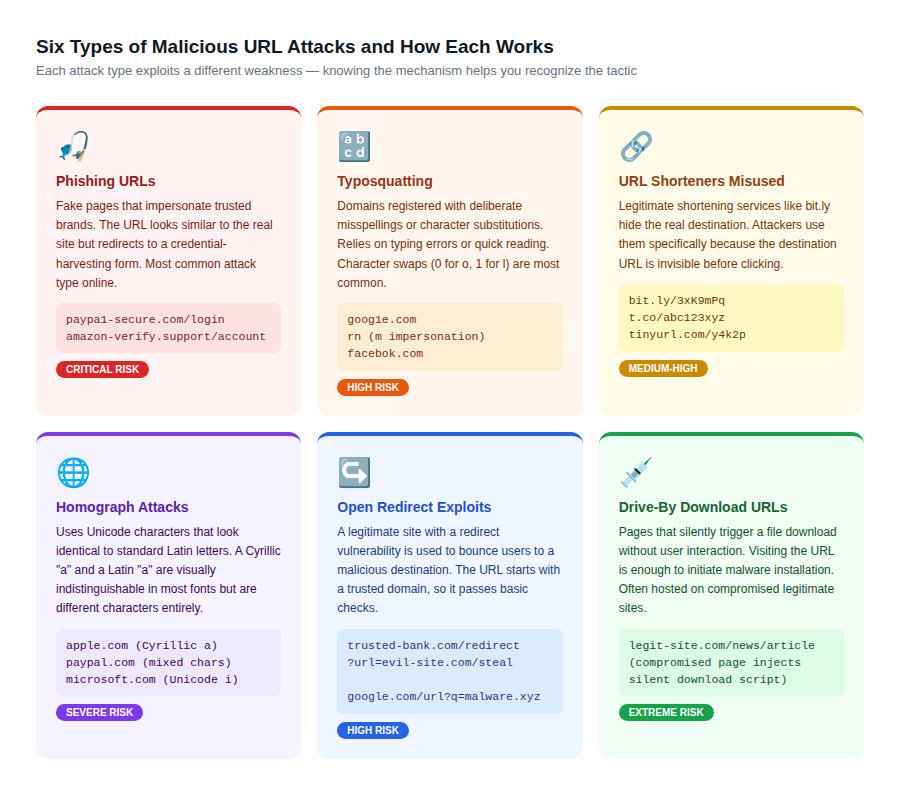 The six main categories of malicious URL attacks, how each one works, and the risk level each poses to everyday users