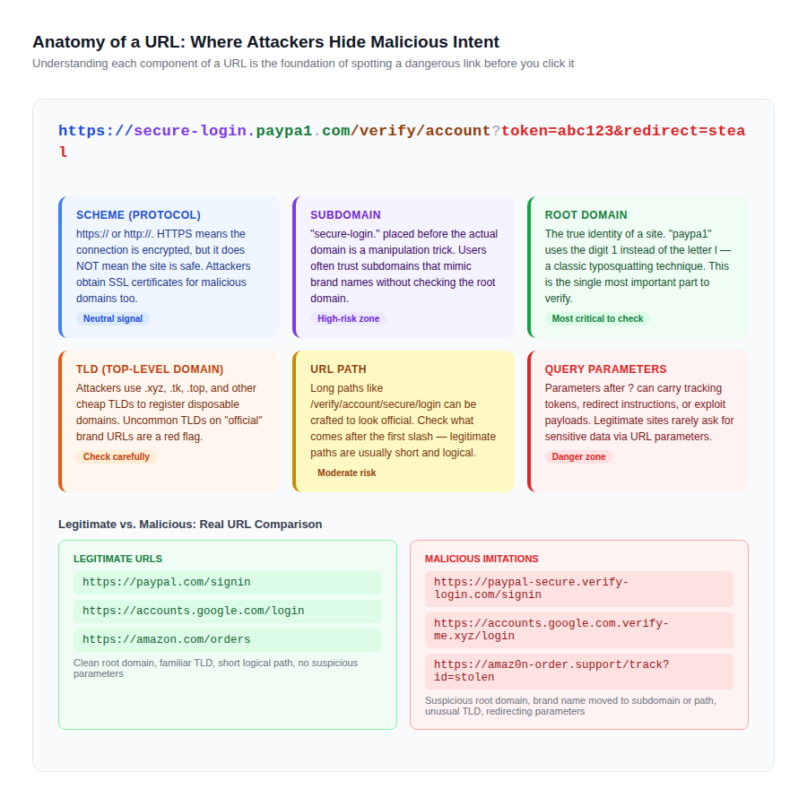 URL anatomy breakdown showing which components are most exploited by attackers and how legitimate URLs compare to malicious imitations