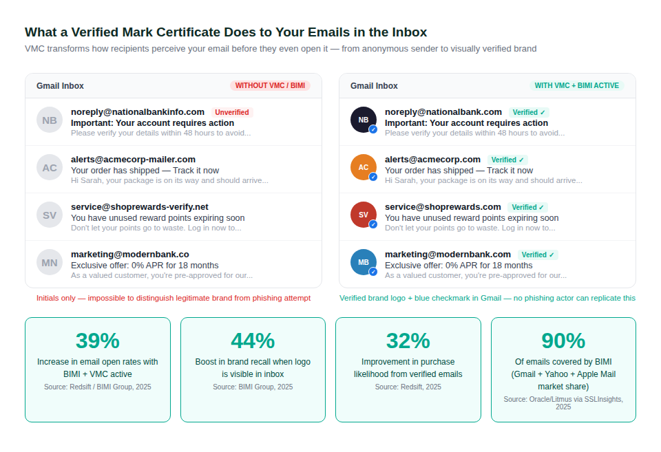 Gmail inbox comparison showing emails without VMC/BIMI