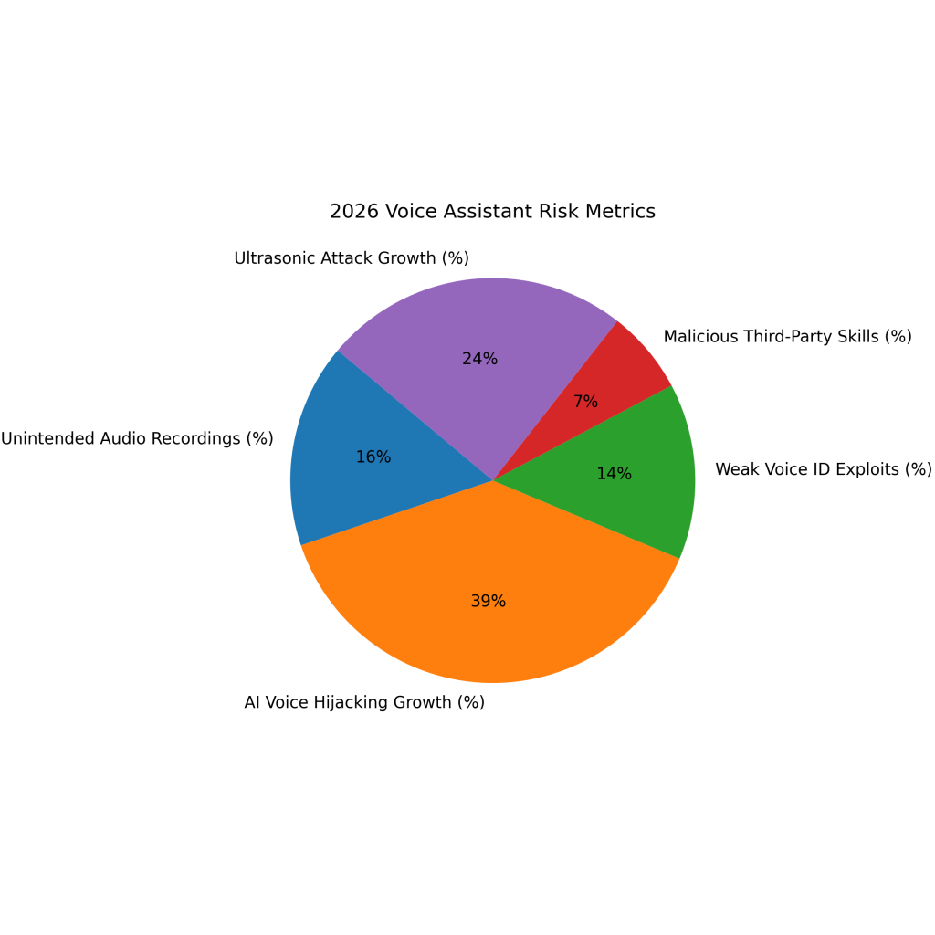 2026 Voice Assistant Risk Metrics

About 22% of smart home users report unintended audio recordings caused by accidental or false voice triggers.

Voice hijacking attacks using AI-mimicked voices increased by approximately 52%, raising identity spoofing risks.

Nearly 19% of voice assistant breaches exploit weak or poorly implemented voice ID authentication controls.

Roughly 9% of third-party voice assistant skills or apps exhibit malicious or privacy-invasive behavior.

Ultrasonic voice attacks that silently trigger assistants increased by about 33% year over year.