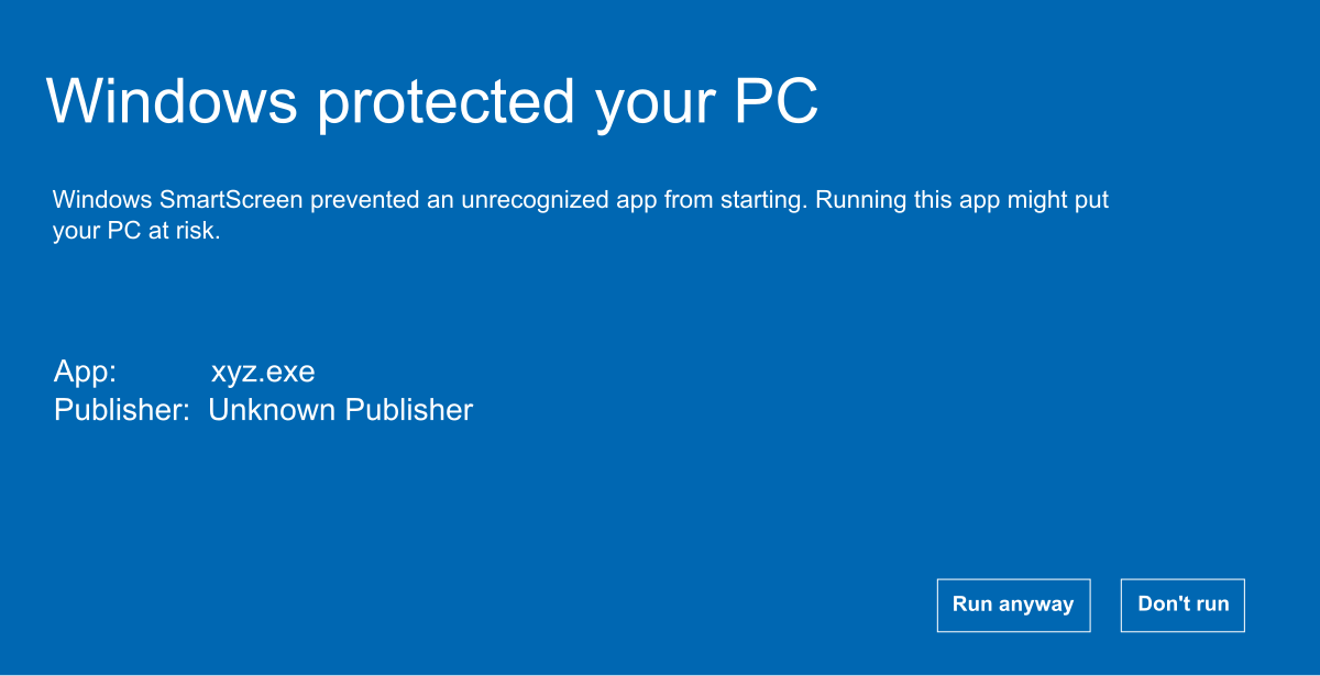 Operating system security warning for unsigned application